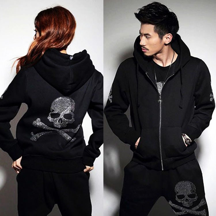 2021 Autumn Wholesale Women Men's Hoodies & Sweatshirts Custom Zip up Unisex Black Bling Skull Skeleton Rhinestone Hoodie Men