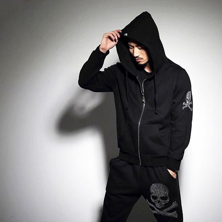 2021 Autumn Wholesale Women Men's Hoodies & Sweatshirts Custom Zip up Unisex Black Bling Skull Skeleton Rhinestone Hoodie Men