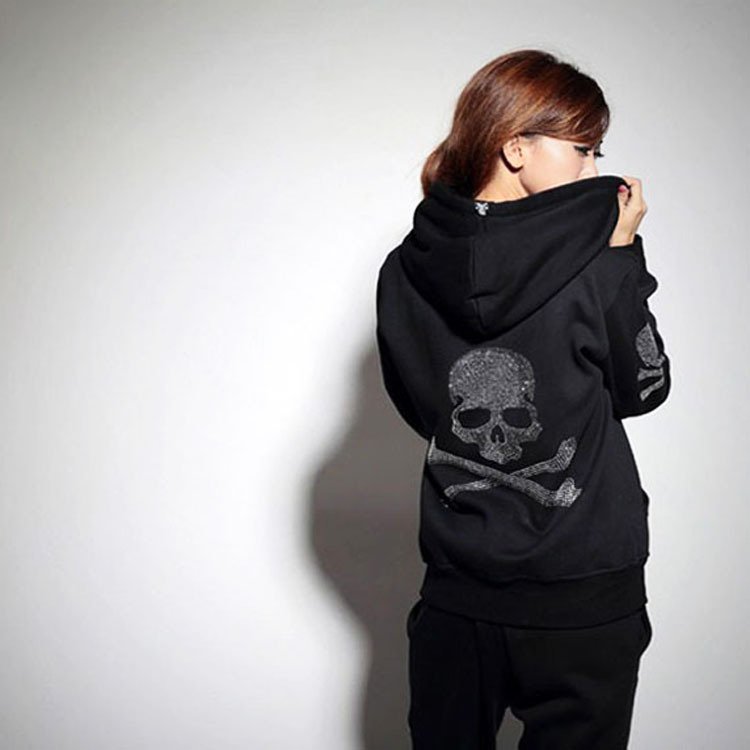 2021 Autumn Wholesale Women Men's Hoodies & Sweatshirts Custom Zip up Unisex Black Bling Skull Skeleton Rhinestone Hoodie Men