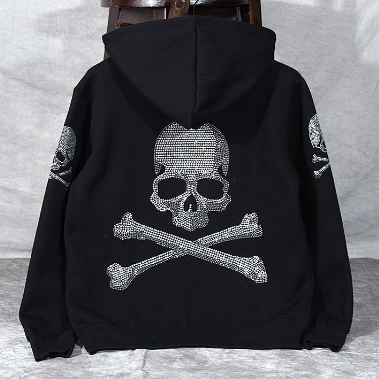 2021 Autumn Wholesale Women Men's Hoodies & Sweatshirts Custom Zip up Unisex Black Bling Skull Skeleton Rhinestone Hoodie Men