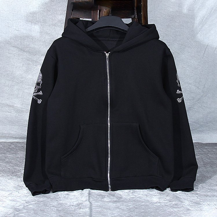 2021 Autumn Wholesale Women Men's Hoodies & Sweatshirts Custom Zip up Unisex Black Bling Skull Skeleton Rhinestone Hoodie Men