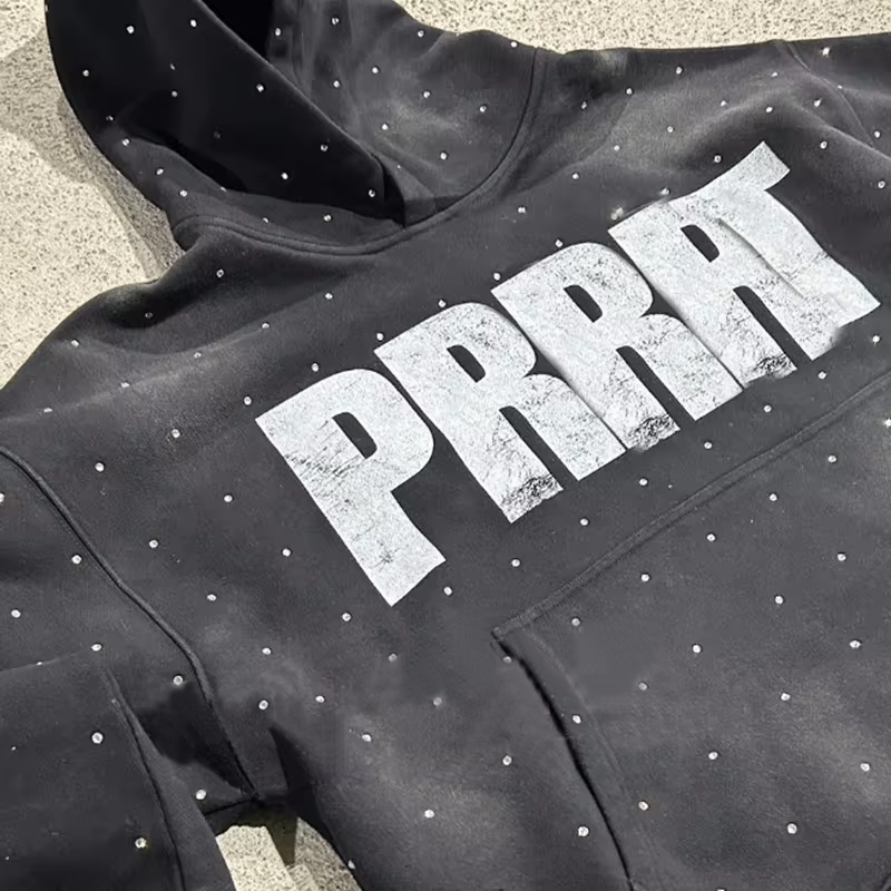 Custom Logo Acid Wash Vintage Streetwear Unisex Hoodie Pullover Puff Print French Terry Sun Faded Rhinestone Men's Hoodies