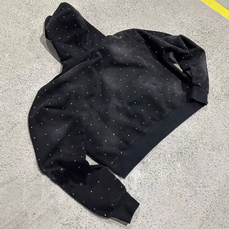 Custom Logo Acid Wash Vintage Streetwear Unisex Hoodie Pullover Puff Print French Terry Sun Faded Rhinestone Men's Hoodies