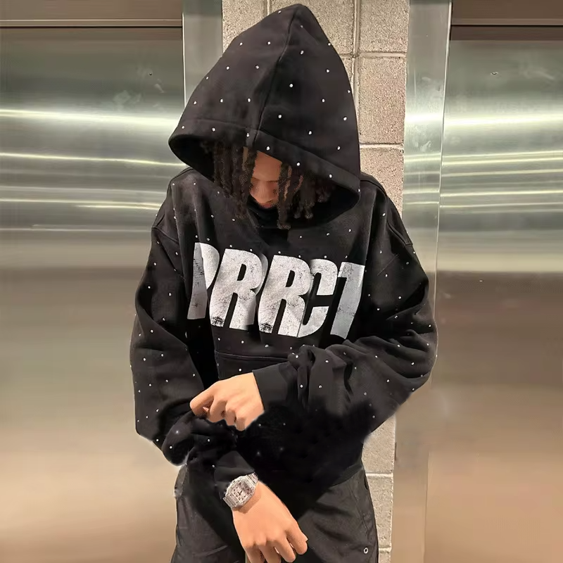 Custom Logo Acid Wash Vintage Streetwear Unisex Hoodie Pullover Puff Print French Terry Sun Faded Rhinestone Men's Hoodies