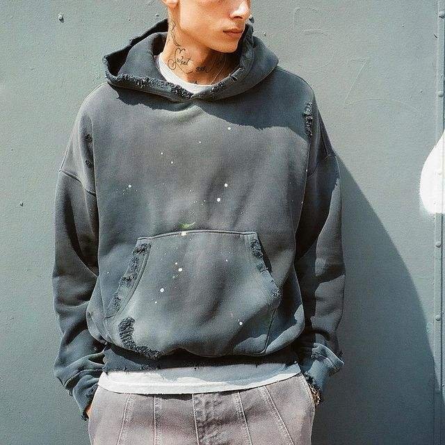 Wholesale Vintage Distress Paint Hoodie Acid Wash Heavyweight Sun Faded Hoodie Men Cotton French Terry Oversized Men's Hoodies
