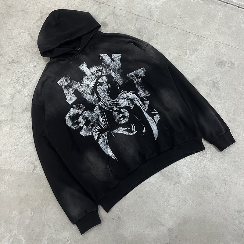 Wholesale High Quality Heavyweight 400G 100% Cotton Oversized Vintage Sand Wash Distress Saint Tears Men's Hoodies&Sweatshirts