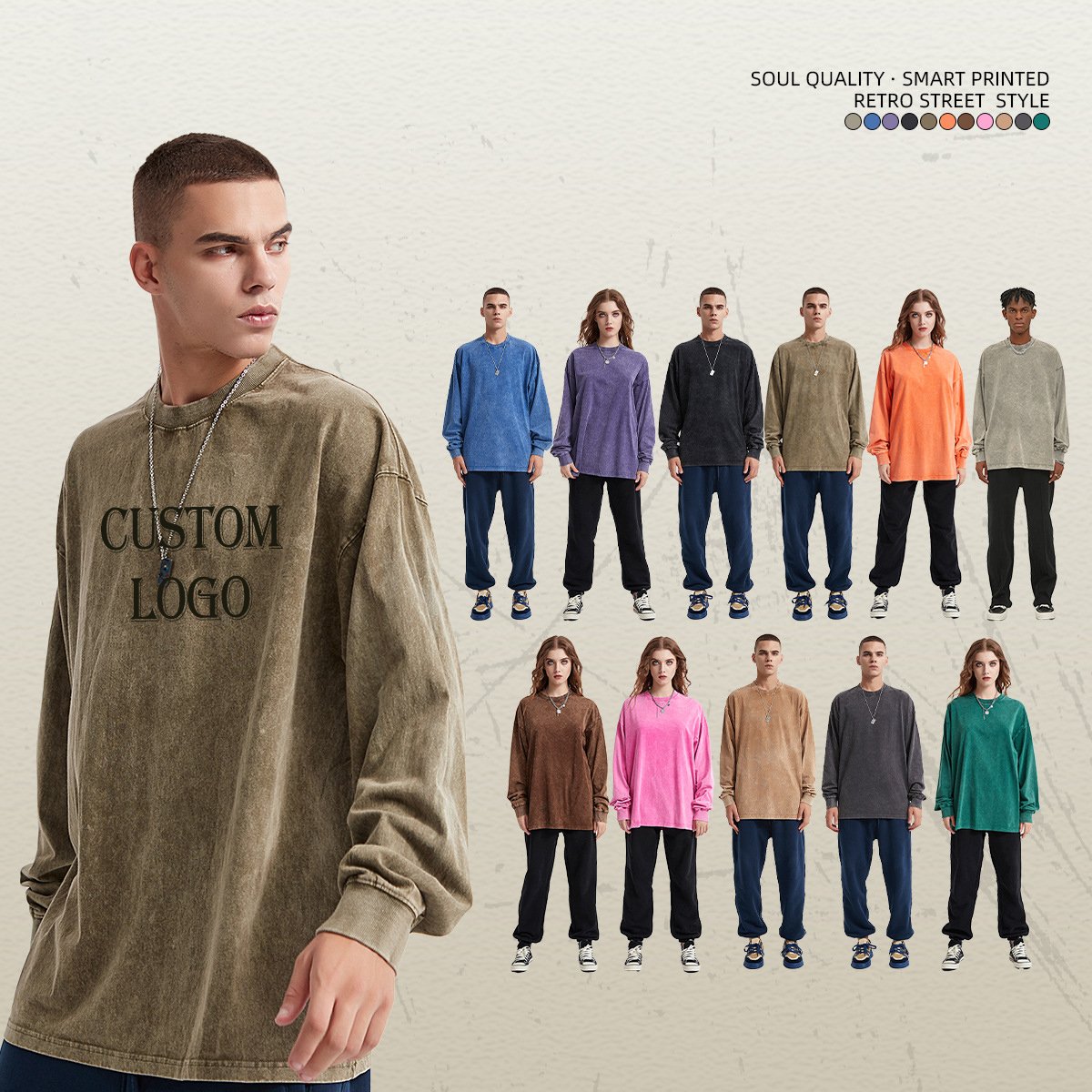New Streetwear Vintage Pullover 100% Cotton Acid Wash Hoodies Custom Printing Hoodies For Men