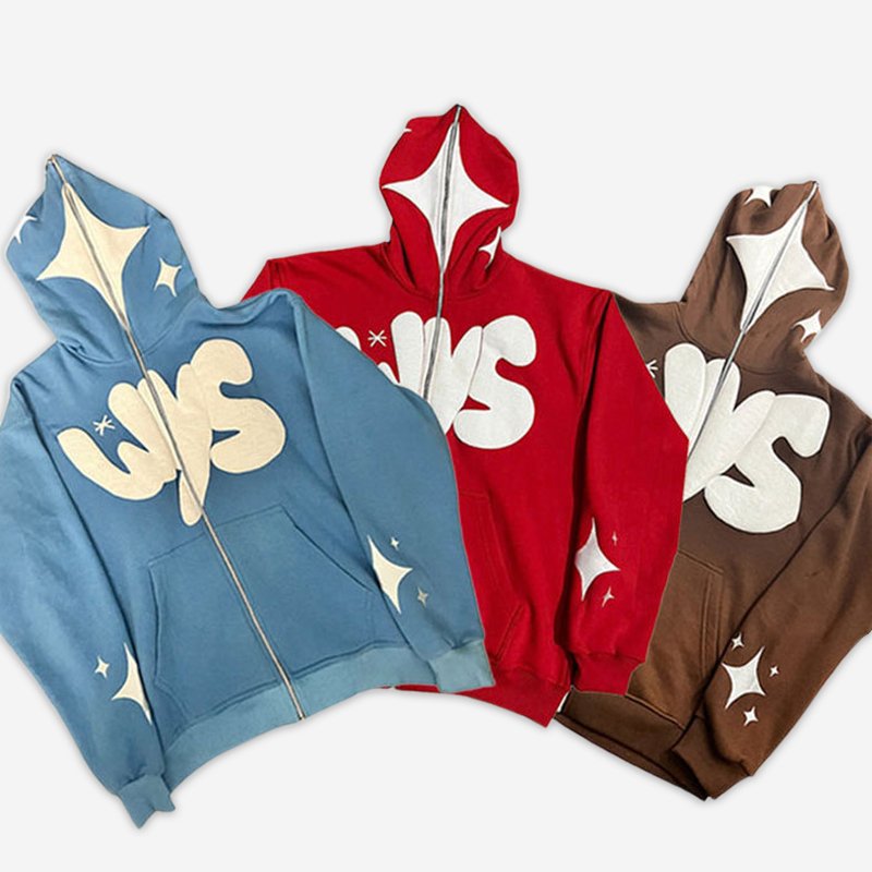 Polyester Cotton Puff Printing Streetwear Full Zip up Hoodie Manufacturers Zip Up Hoodies Custom Logo Heavyweight Zip Up Hoodies