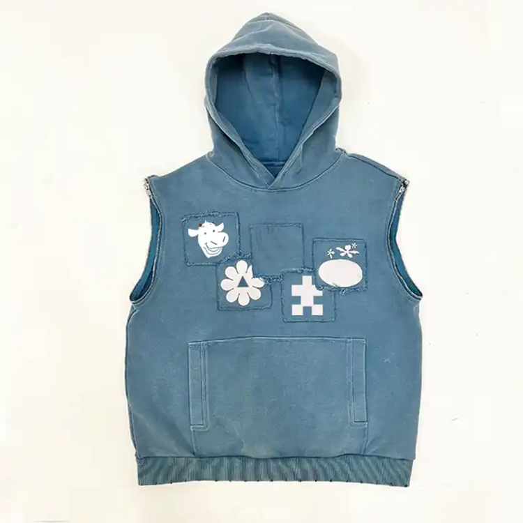 Best Quality 100% French Terry Cotton Acid Wash Hoodie Streetwear Custom Men Zip Detachable Sleeve Hoodie