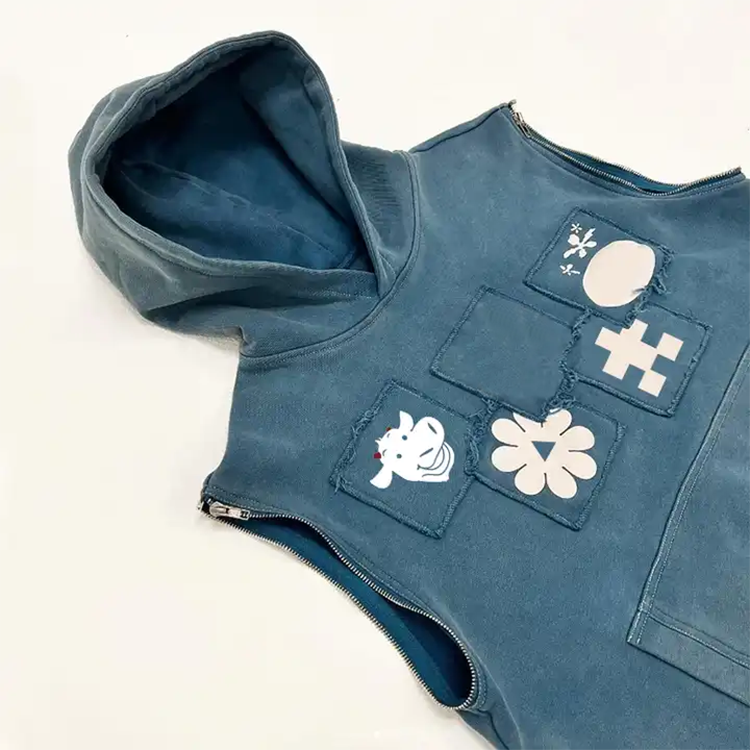 Best Quality 100% French Terry Cotton Acid Wash Hoodie Streetwear Custom Men Zip Detachable Sleeve Hoodie