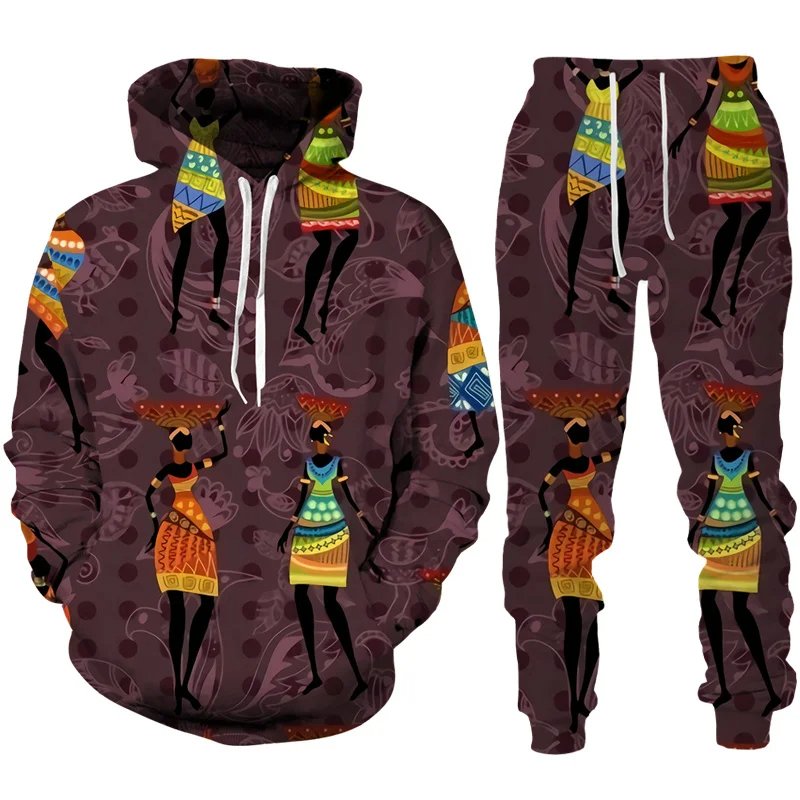 Retro African Ethnic Style Graphic Men's Hoodie Pants Suit Printing Mysterious Fashion Tracksuit Sets Folk-Custom Sportswear