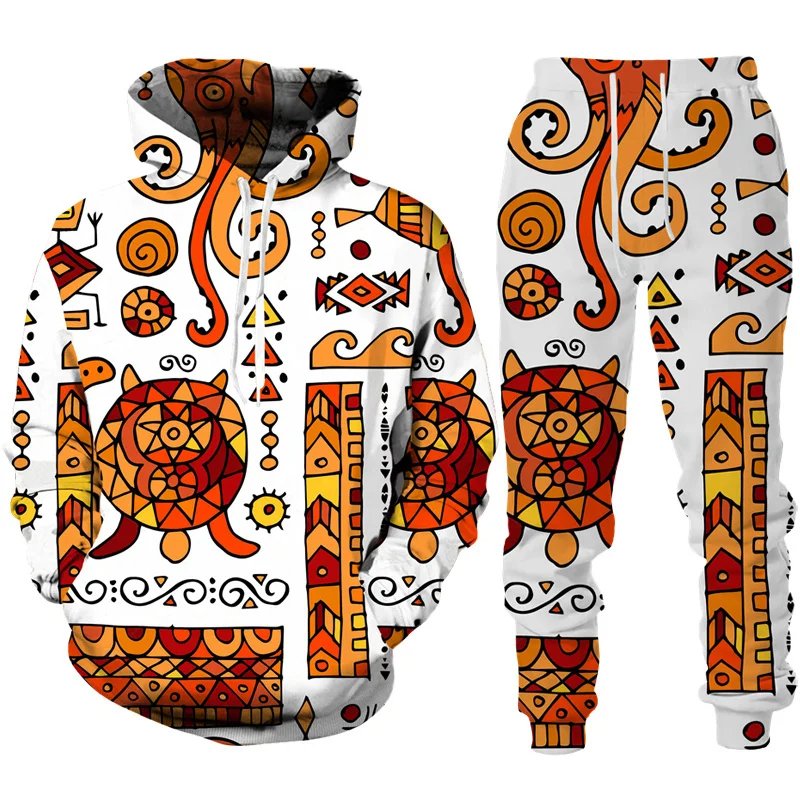 Retro African Ethnic Style Graphic Men's Hoodie Pants Suit Printing Mysterious Fashion Tracksuit Sets Folk-Custom Sportswear