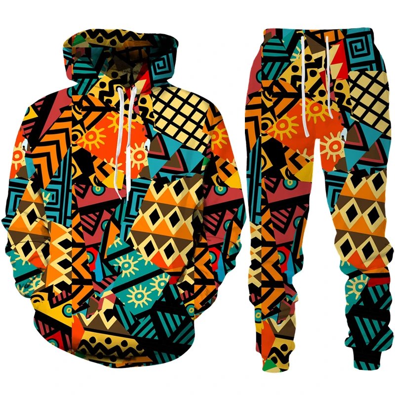 Retro African Ethnic Style Graphic Men's Hoodie Pants Suit Printing Mysterious Fashion Tracksuit Sets Folk-Custom Sportswear