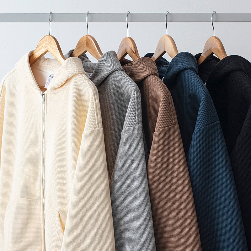Unisex Zip Up Waffle Sweatshirt Custom High Quality Men Heavyweight Full Zipper Waffle Knit Hoodies And Sweatshirt For Men
