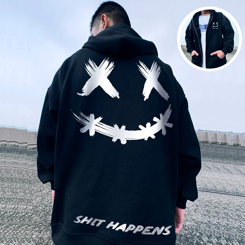 300G Oversized printed trendy brand sweaters, couple hooded spring, autumn, winter plush loose zippered jacket, oversized men's