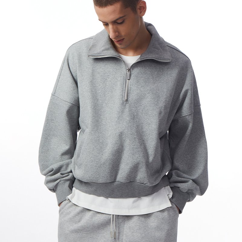 Custom Men's Hoodies & Sweatshirts Pullover Turn-down Quarter Zip Collar Hoodie Cotton French Terry Grey Color Men's Hoodie