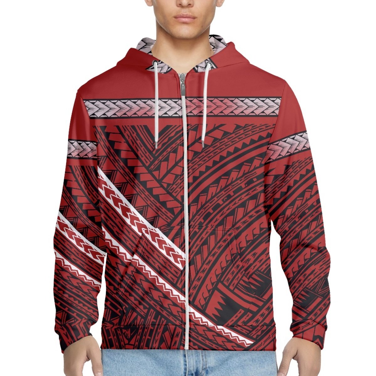 Best Selling Full Print Zip Hooded Hoodie Custom Polynesia Tribal Print Men's Hoodie Print On Demand Polyester Men's Sweatshirt