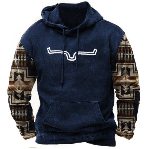 Ethnic Print Graphic Loose Size Kangaroo Pockets Style Long Sleeve Men Sweatshirts With Hood