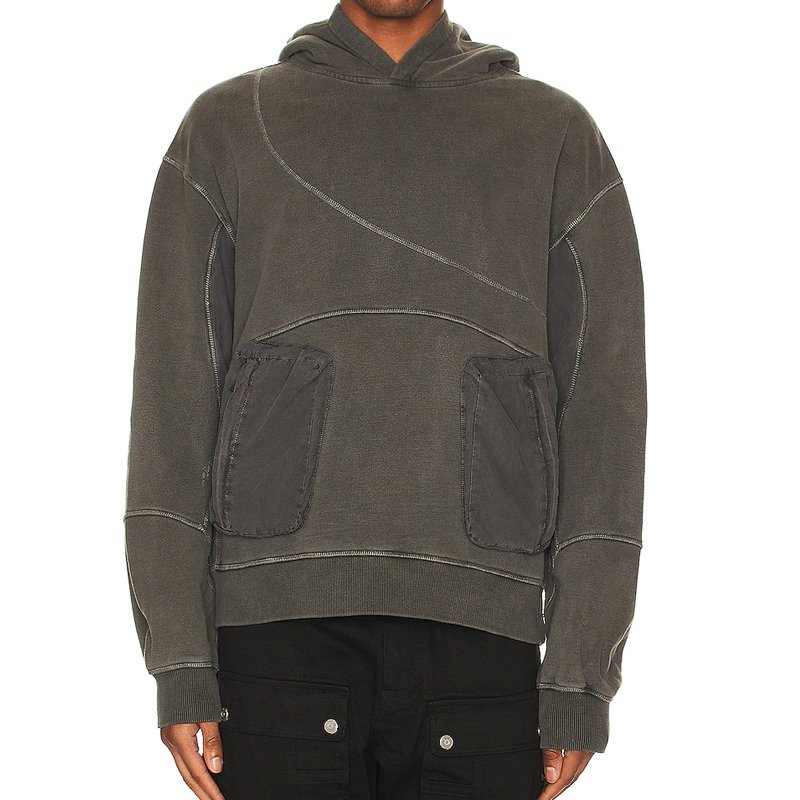 OEM Contrast Stitch Long Sleeve Side Slant Zipper Pockets Heavy Washed Hoodie Men