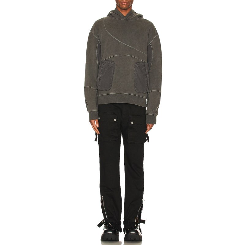 OEM Contrast Stitch Long Sleeve Side Slant Zipper Pockets Heavy Washed Hoodie Men