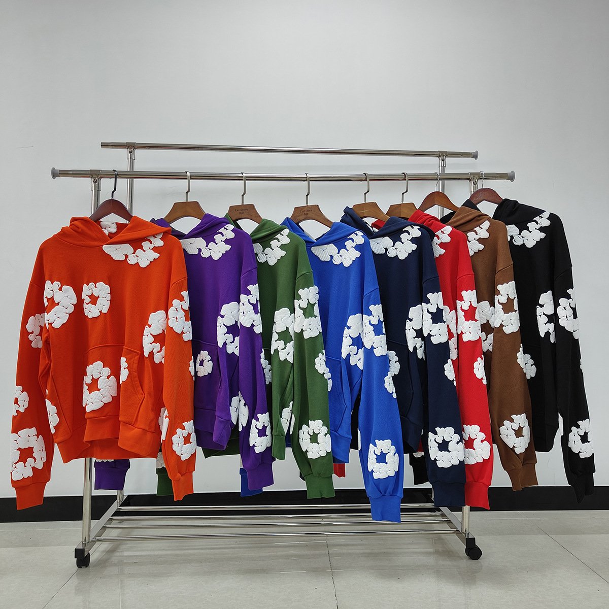 TOP Quality Heavy Weight Streetwear 100% Cotton Black Line Label Oversized Teares Puff Print Denim Men's Hoodies&Sweatshirts