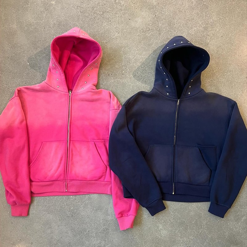 Custom Streetwear Heavyweight Cotton Oversized functional Hoodie Men pink Gradient color Vintage blank zip up Acid Wash Hoodies