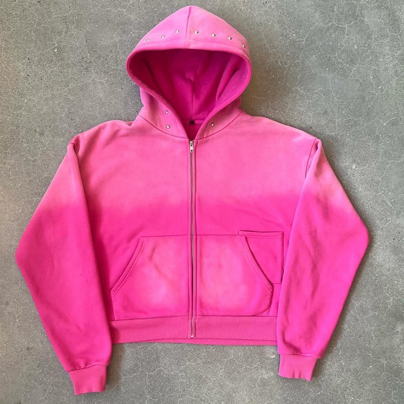 Custom Streetwear Heavyweight Cotton Oversized functional Hoodie Men pink Gradient color Vintage blank zip up Acid Wash Hoodies