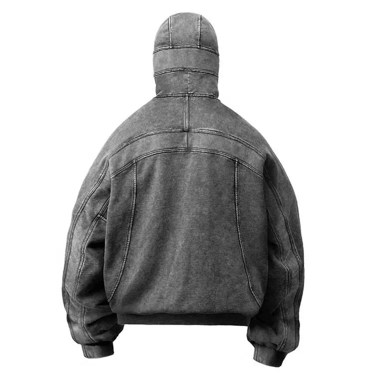clothing manufacturer wholesale drop shoulder vintage black hooded sweater custom acid wash full face zip up hoodie men