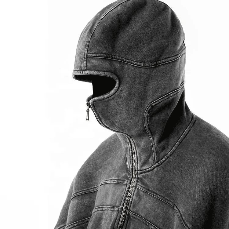 clothing manufacturer wholesale drop shoulder vintage black hooded sweater custom acid wash full face zip up hoodie men