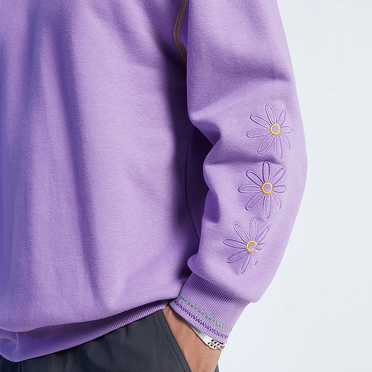 OEM Wholesale Custom Hoodie Contrast Stitching Fleeced Sweatshirt Floral Embroidery Crew Neck Men's Hoodies & Sweatshirts
