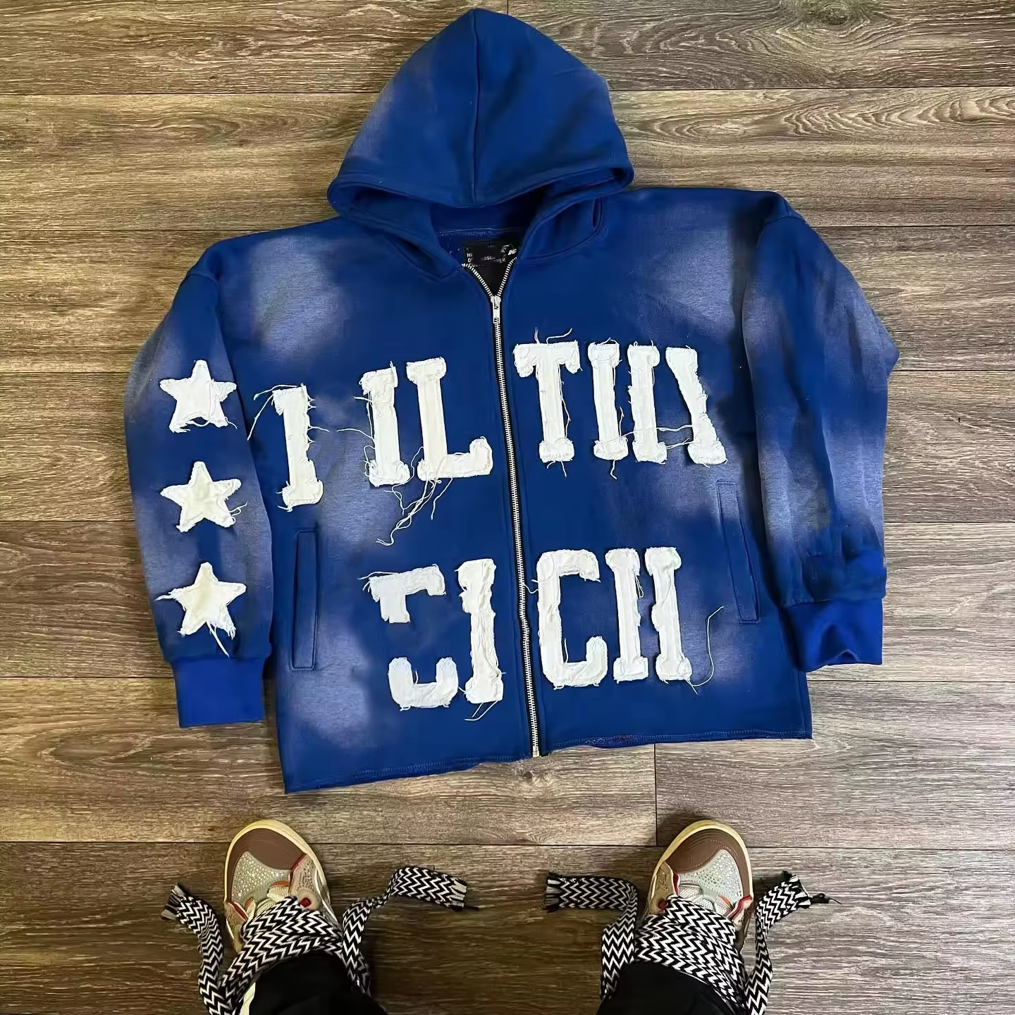 Clothing Manufacturer Patch Distressed Hoodie Custom Logo Full Zip Up Hoodie Organic Cotton Hip Hop Men's Vintage Washed Hoodie