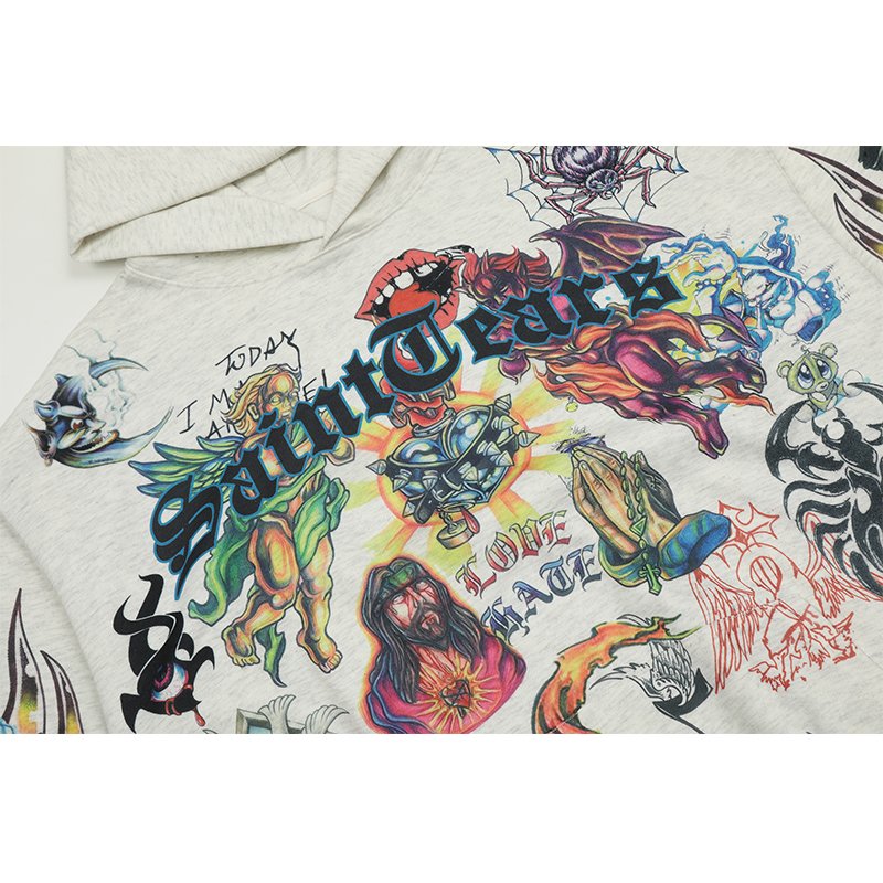 Manufacturer High Quality HeavyWeight Custom LOGO Print Cotton Oversized Streetwear Saint Tears Washed Men's Hoodies&Sweatshirts