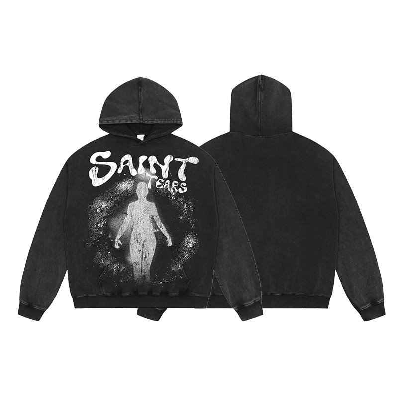 Wholesale High Quality Heavyweight 400G 100% Cotton Oversized Vintage Sand Wash Distress Saint Tears Men's Hoodies&Sweatshirts