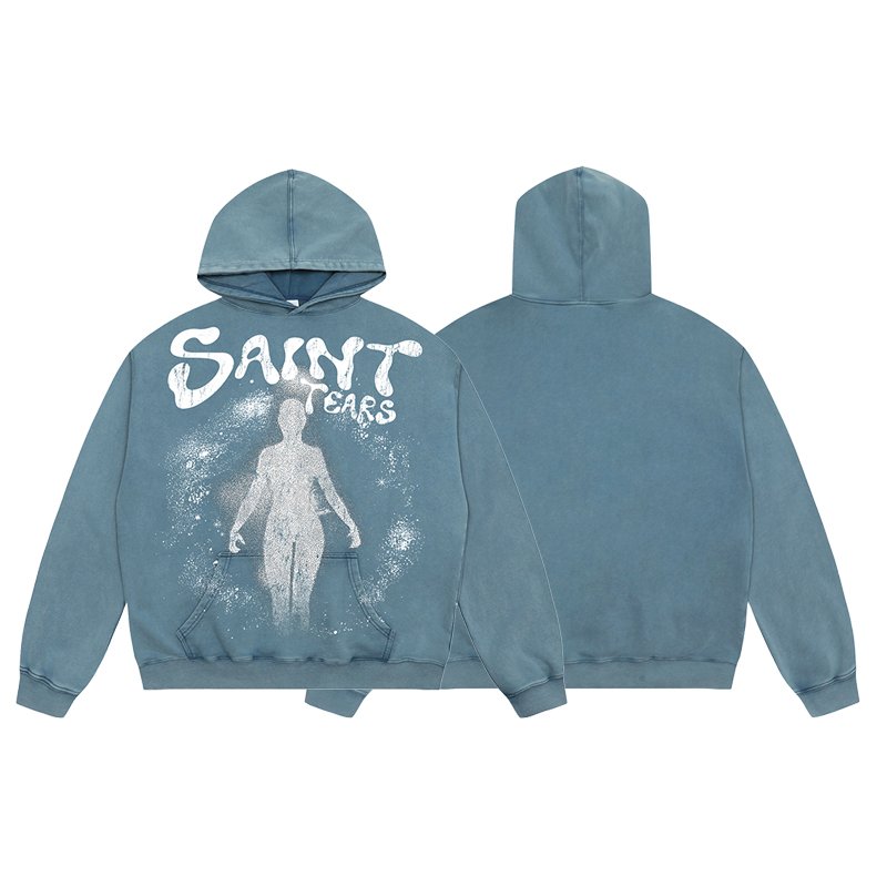 Wholesale High Quality Heavyweight 400G 100% Cotton Oversized Vintage Sand Wash Distress Saint Tears Men's Hoodies&Sweatshirts