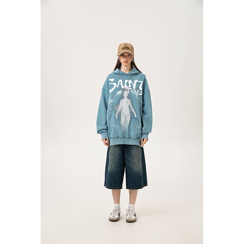 Wholesale High Quality Heavyweight 400G 100% Cotton Oversized Vintage Sand Wash Distress Saint Tears Men's Hoodies&Sweatshirts