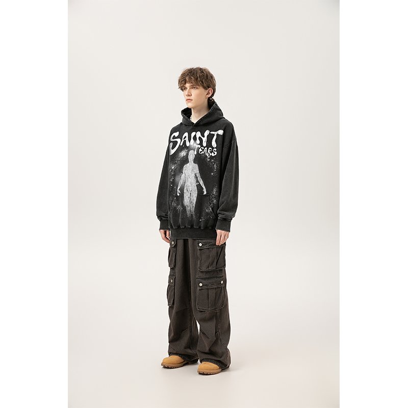 Wholesale High Quality Heavyweight 400G 100% Cotton Oversized Vintage Sand Wash Distress Saint Tears Men's Hoodies&Sweatshirts