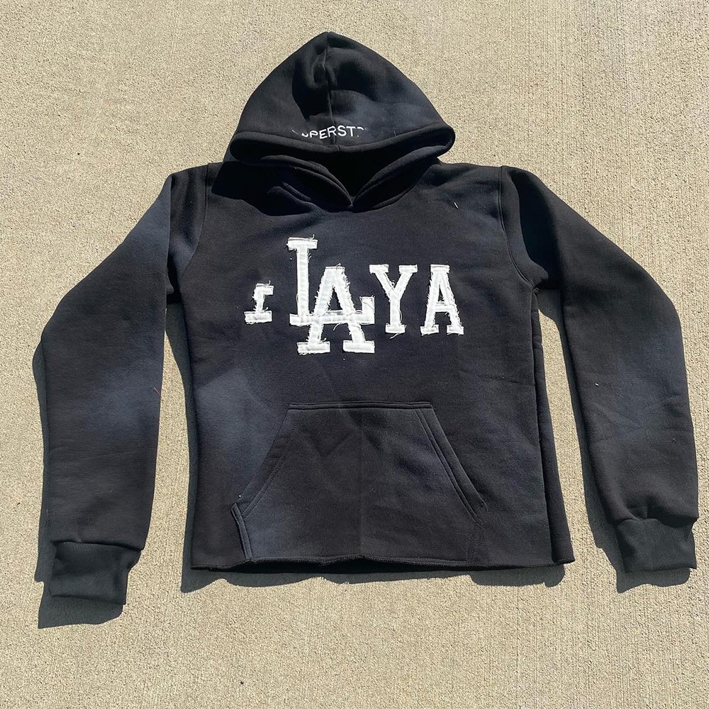 Manufacturer Applique Distressed Embroidery Essentials Boxy Fit French Terry Cut Edge Raw Hem Cropped Hoodie