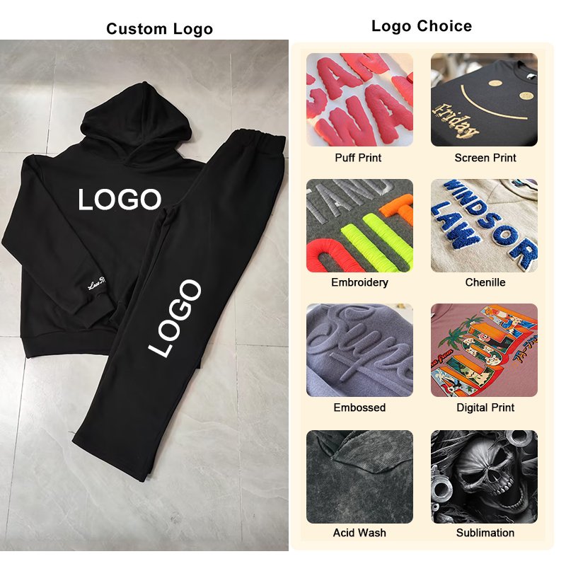 Manufacturer Streetwear Fleece Tracksuits Hoddie Embroidery Custom Logo Pull Over Puff Print Men's Sweatpants And Hoodies Set