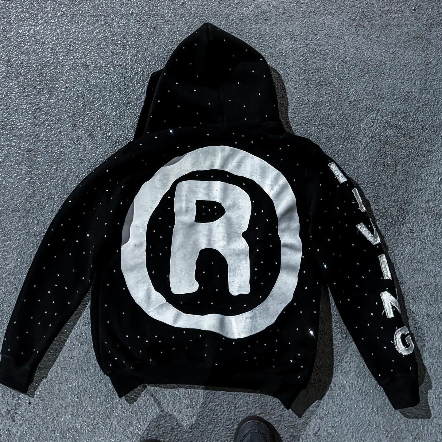 Custom French Terry 100% Cotton Zipper Distressed Embroidery Applique Zip Up Rhinestone Men's Hoodies