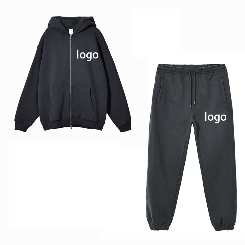 Custom blank embroidery oversized hoodies top comfortable organic cotton zip up man hoodies and drawstring sweatpants set