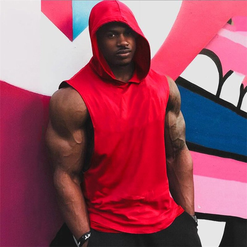 Men's Workout Hooded Tank Tops Bodybuilding Muscle Cut Off T Shirt Sleeveless Gym Hoodie