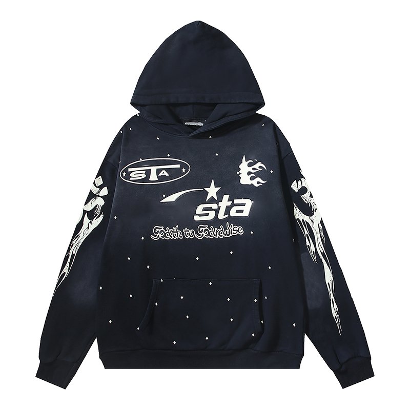 wholesale custom hip hop streetwear 100%cotton heavy weight acid washed distressed printed rhinestone oversized hoodies for men