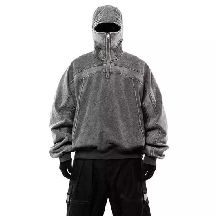 Top quality face zip up hoodie heavyweight 100%cotton vintage wash oversized clothing street wear men's hoodies