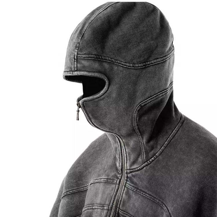 Top quality face zip up hoodie heavyweight 100%cotton vintage wash oversized clothing street wear men's hoodies
