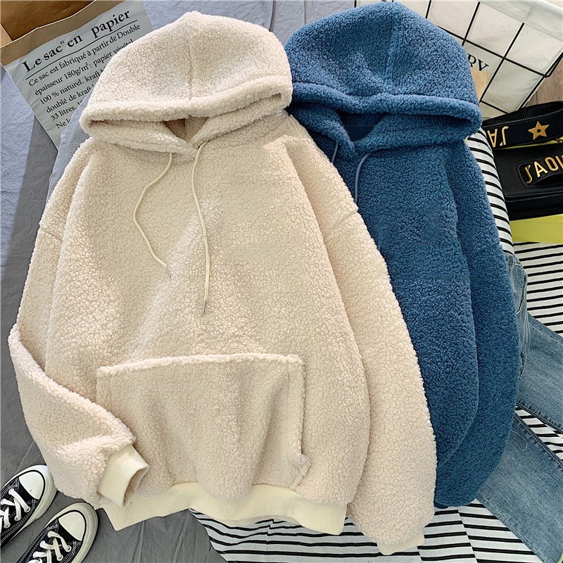 OEM logo fleece hoodie winter warm embroidered lamb wool hoodie for women girl sweater