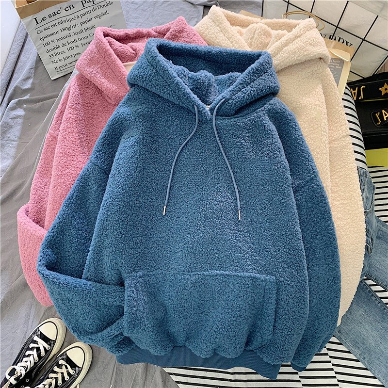 OEM logo fleece hoodie winter warm embroidered lamb wool hoodie for women girl sweater