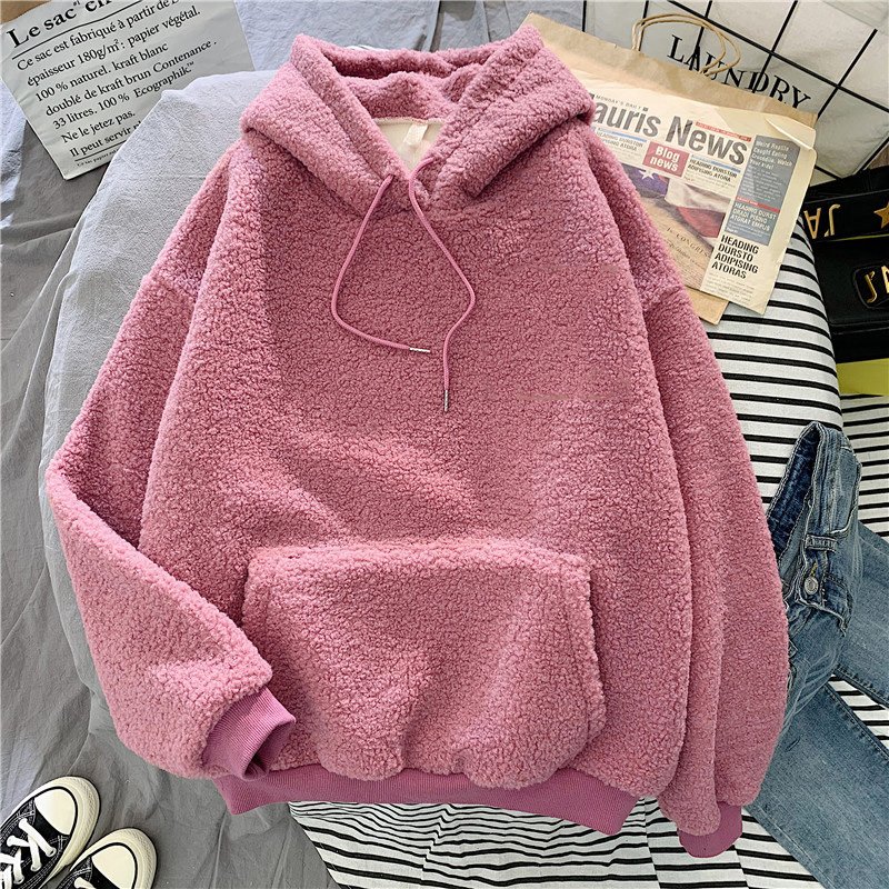 OEM logo fleece hoodie winter warm embroidered lamb wool hoodie for women girl sweater