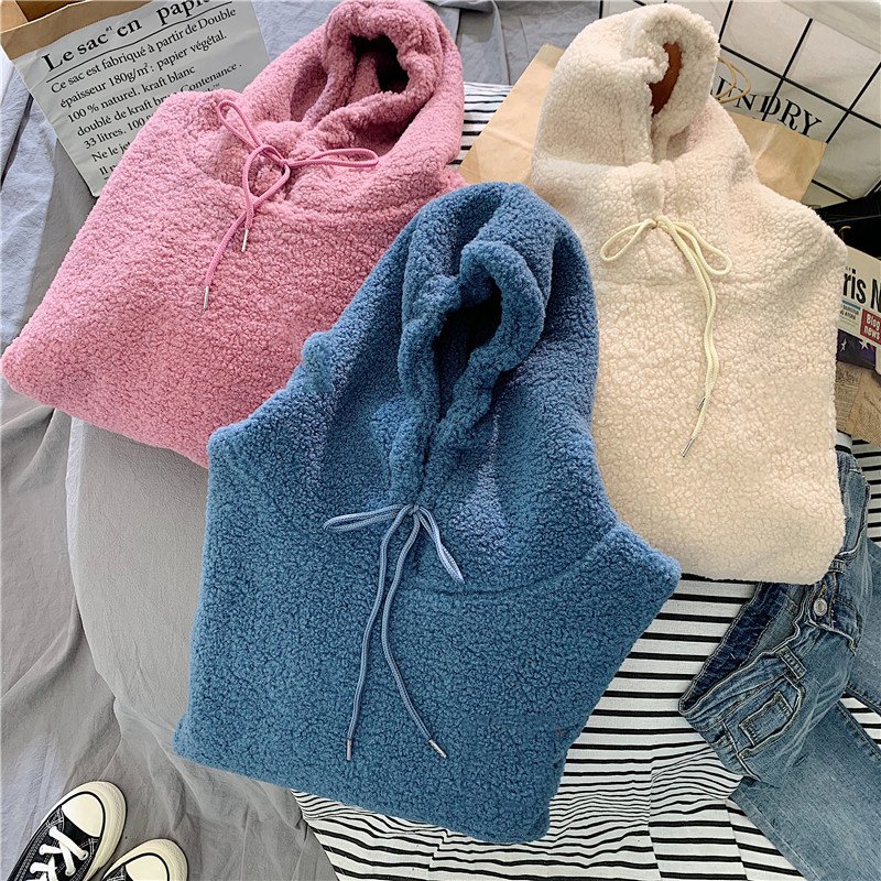 OEM logo fleece hoodie winter warm embroidered lamb wool hoodie for women girl sweater