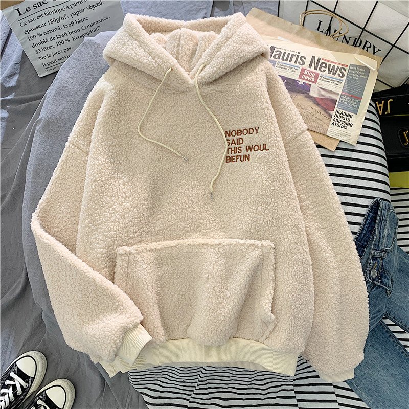 OEM logo fleece hoodie winter warm embroidered lamb wool hoodie for women girl sweater