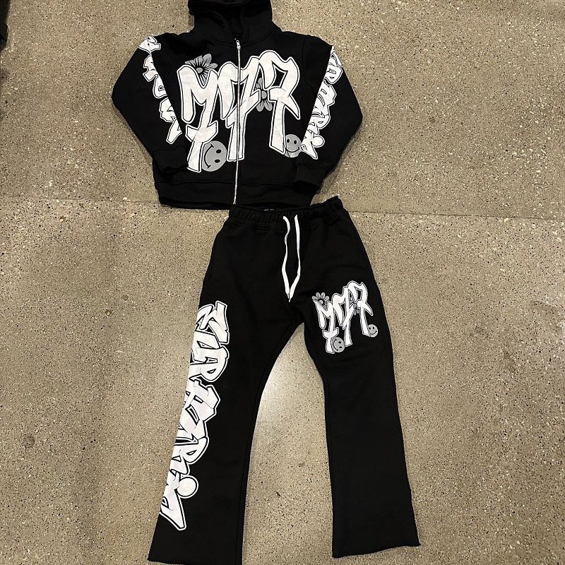 Custom Acid Wash Sun Faded Flared Jogger Track Suit Zip Hoodie Sweatpants Set Men Oversized Embroidered Sun Faded Flared